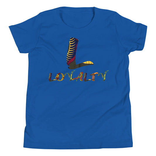 This Afro print graphic 'L' and 'Loyalty' Short Sleeve T-shirt is an absolute "Gap Bridger." Loyalty to humanity! It’s fresh, it’s stylish, it’s gracious! This children's tees are bound to become a favourite in any youngster's wardrobe, comes in fresh colours and ethnic designs – lightweight and soft fabric.